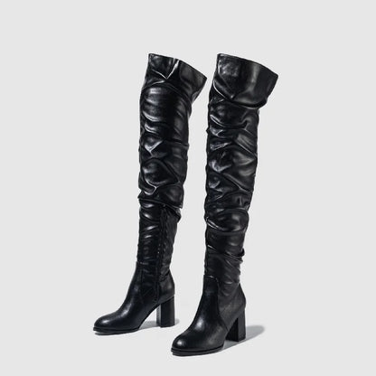 Designer Pleated Over The Knee High Heels Fashion Runway Round Toe Zipper Knee High Boot