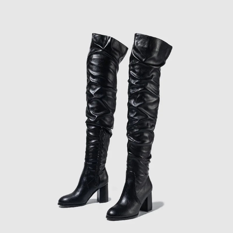 Eilyken Designer Pleated Over-the-knee Women Boots High Heels Runway Round Toe Zipper Booties