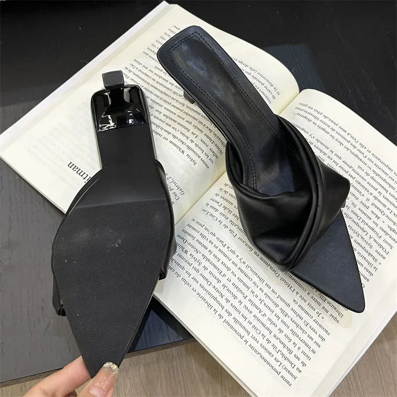 Fashion Design Pleated Pointed Elegant Thin Summer Female Slide Low Heel Pump