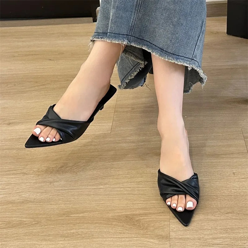 Fashion Design Pleated Pointed Elegant Thin Summer Female Slide Low Heel Pump