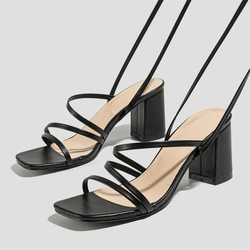 Eilyken Narrow Band Ankle Cross-Strap Sandals - Square Toe High Heels for Women - Banquet Party Shoes