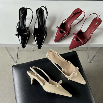 Fashion Pointed Elegant Slingbacks Buckle Strap Thin Heels Wedding Party Low Heel Pump