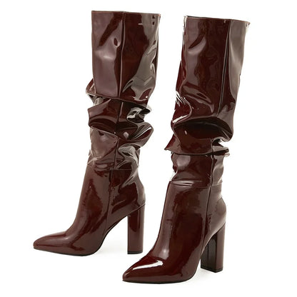 Sexy Street Designer Pointed Fashion Patent Leather Chunky High Heel Knee High Boot