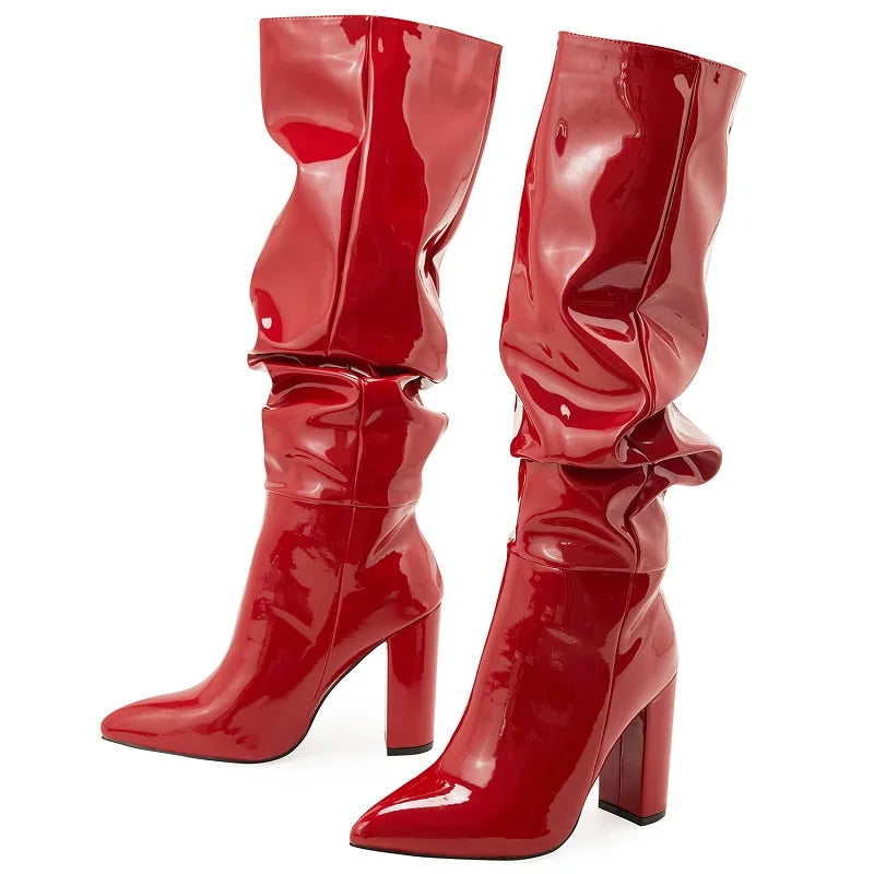 Eilyken Sexy Street Designer Pointed Toe Knee-High Boot - Fashion Patent Leather Chunky High Heels Booties