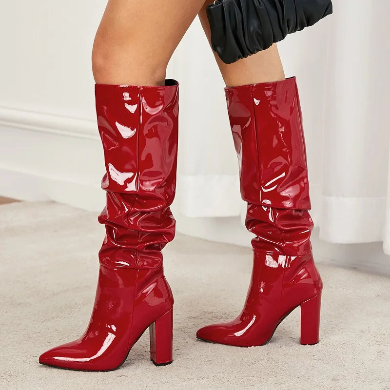 Sexy Street Designer Pointed Fashion Patent Leather Chunky High Heel Knee High Boot