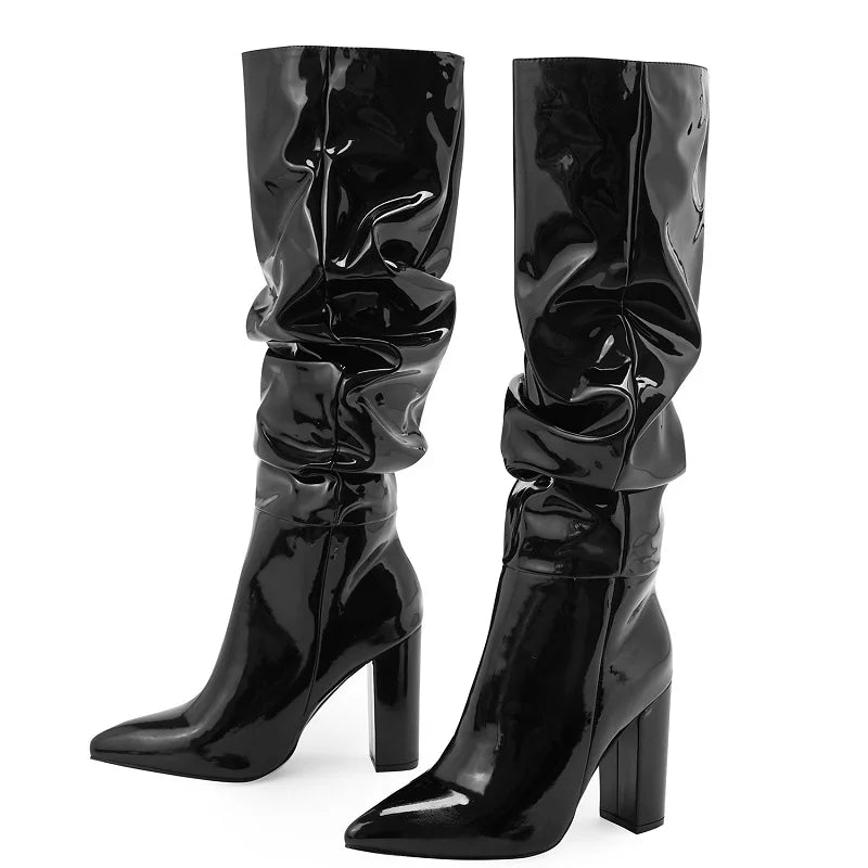 Eilyken Sexy Street Designer Pointed Toe Knee-High Boot - Fashion Patent Leather Chunky High Heels Booties