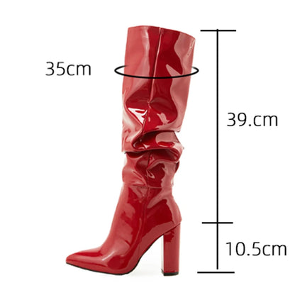 Eilyken Sexy Street Designer Pointed Toe Knee-High Boot - Fashion Patent Leather Chunky High Heels Booties