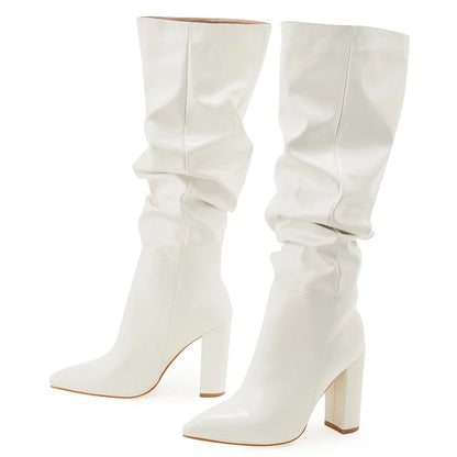 Eilyken Sexy Street Designer Pointed Toe Knee-High Boot - Fashion Patent Leather Chunky High Heels Booties