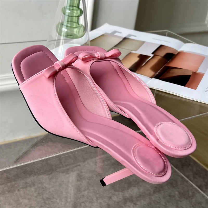 Summer Fashion Butterfly-knot Satin Slip On Thin High Heel Outdoor Dress Low Heel Pump