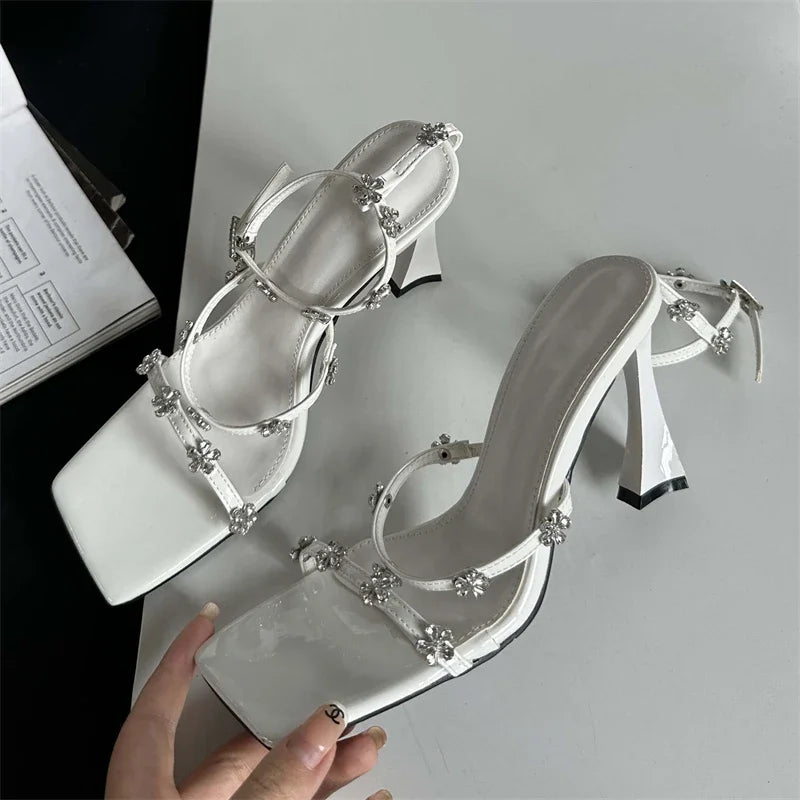 Summer Narrow Band Crystal Buckle Strap Sexy Square Toe Party Dress Low Heel Pump