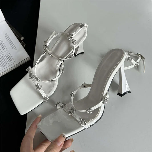 Eilyken Summer Crystal Buckle Strap Sandals High Heels Shoes Square Toe Party Dress Zapatos Mujer