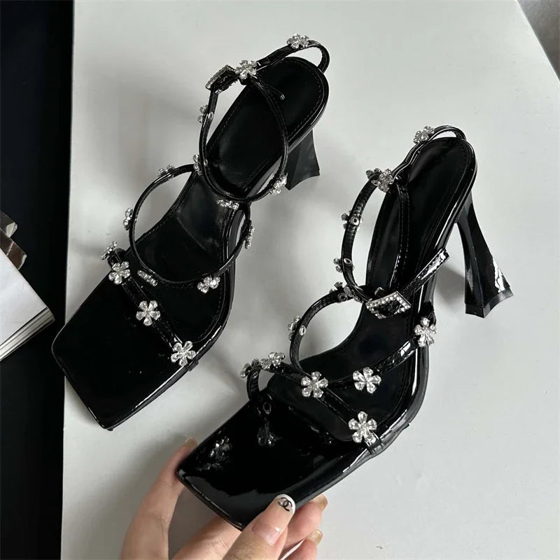 Summer Narrow Band Crystal Buckle Strap Sexy Square Toe Party Dress Low Heel Pump