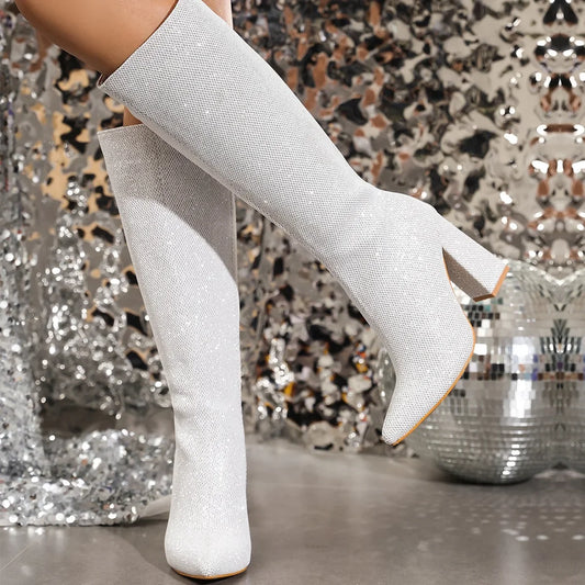 Winter Design Sequin Cloth Pointed Toe High Heels Banquet Zipper Knee High Boot