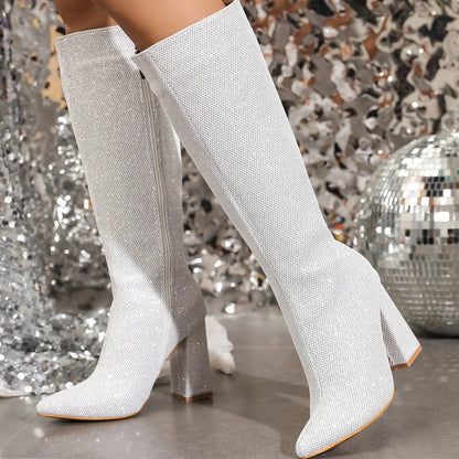 Winter Design Sequin Cloth Pointed Toe High Heels Banquet Zipper Knee High Boot