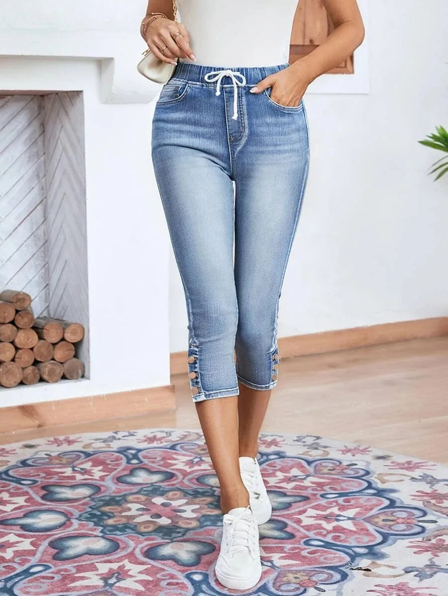 Elastic Waist Calf-Length Summer Casual Skinny Fashion High Slim Jean