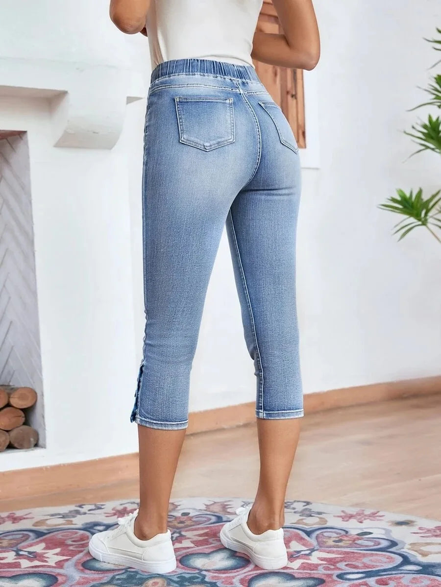 Elastic Waist Calf-Length Summer Casual Skinny Fashion High Slim Jean