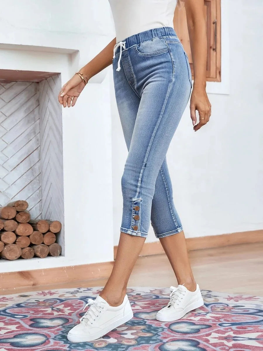 Elastic Waist Calf-Length Summer Casual Skinny Fashion High Slim Jean