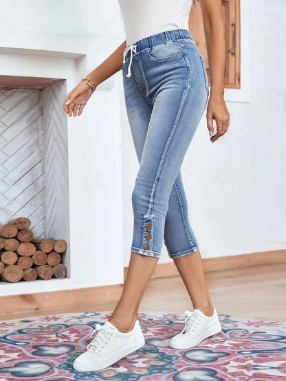 Elastic Waist Calf-Length Summer Casual Skinny Fashion High Slim Jean