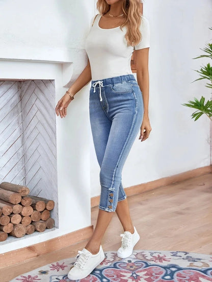 Elastic Waist Calf-Length Summer Casual Skinny Fashion High Slim Jean