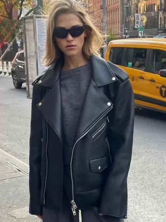 Black Zippers Oversized Leather Coat