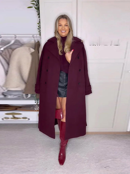 Burgundy Buttons with Belt Wool Coat