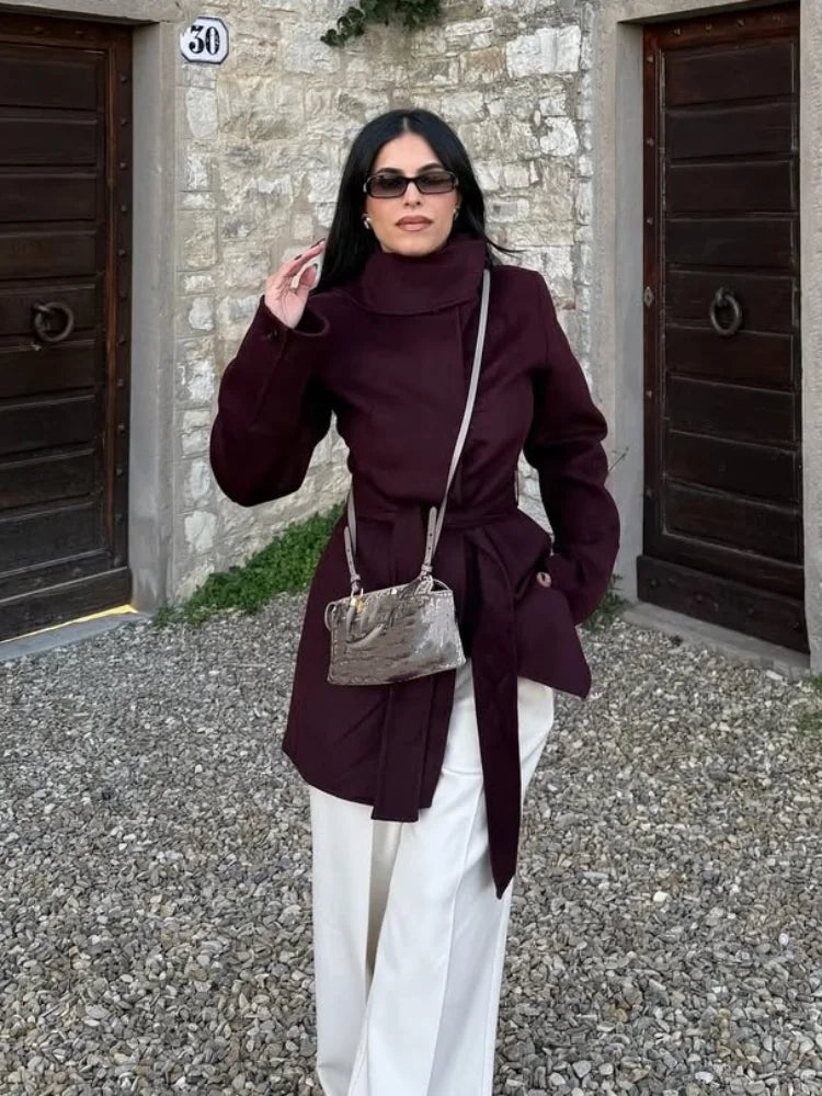 Burgundy Lace-Up Wool Coat Coats-241208