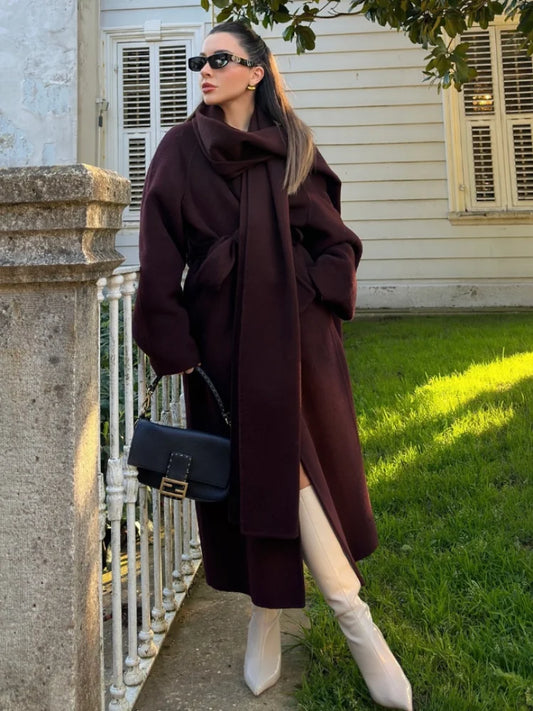 Burgundy Long Sleeve Scarf Wool Coat