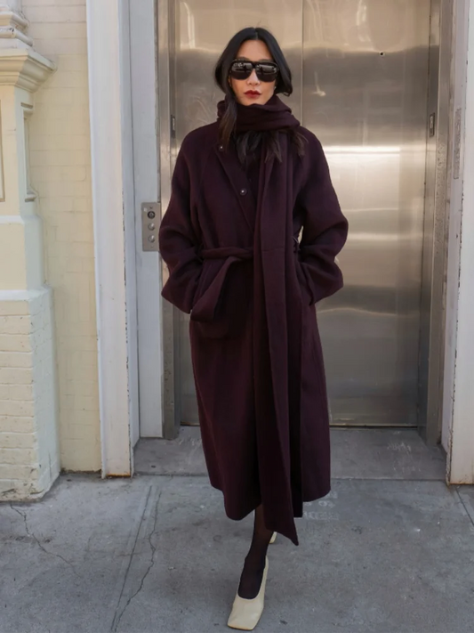 Burgundy Long Sleeve Scarf Wool Coat