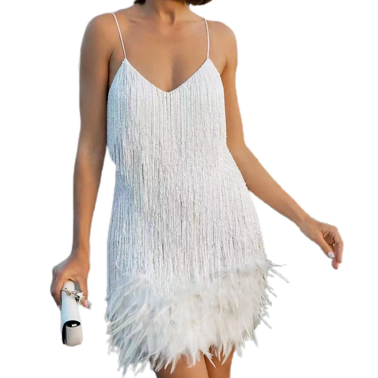 Feather Sequin Off-Shoulder Mini Party Dress White / S Partydress-241208