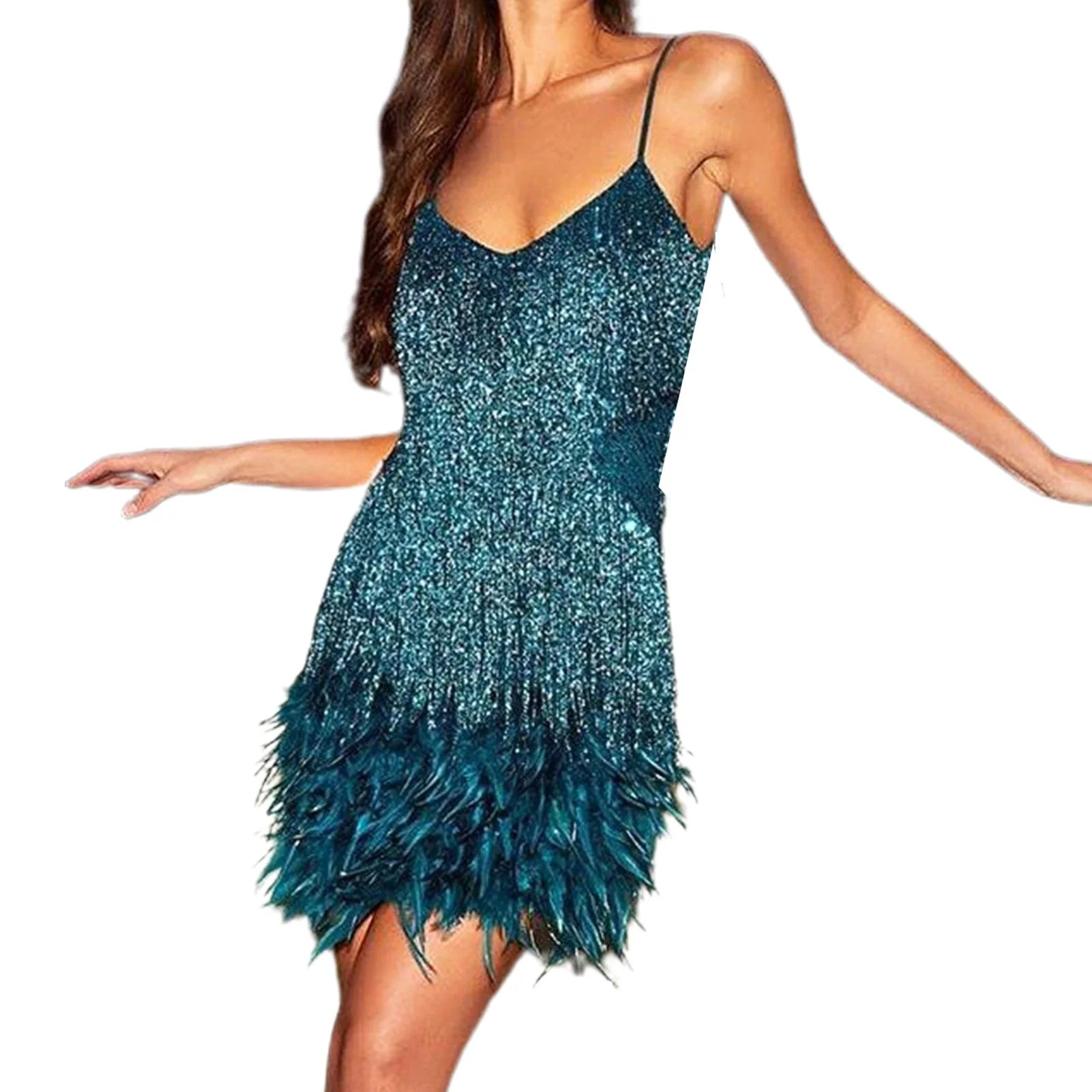 Feather Sequin Off-Shoulder Mini Party Dress Green / S Partydress-241208