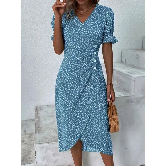 Elegant Floral Midi Puff Sleeve Ruched Waist Floral Dress