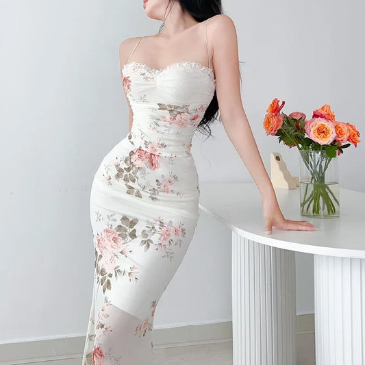 Flower Print Suspender Off Shoulder Backless Midi Chic Female Party Club Floral Dress