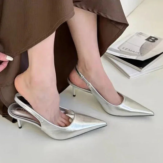 Silver High Heel Slingback Pumps - 2024 Summer Collection