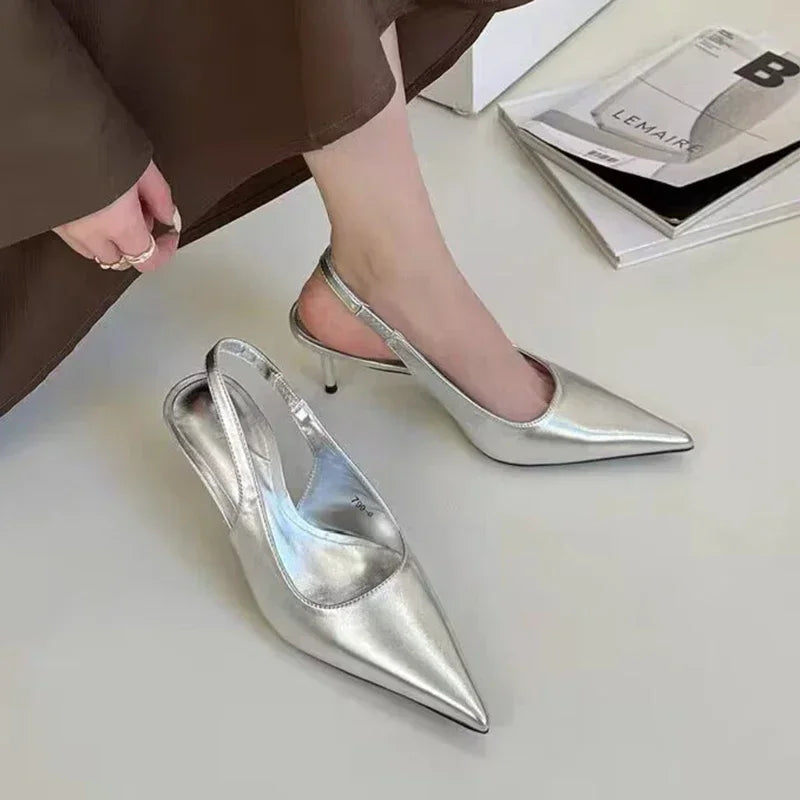 Elegant Silver Slingbacks Pointed Party Solid Thin Heeled Low Heel Pump