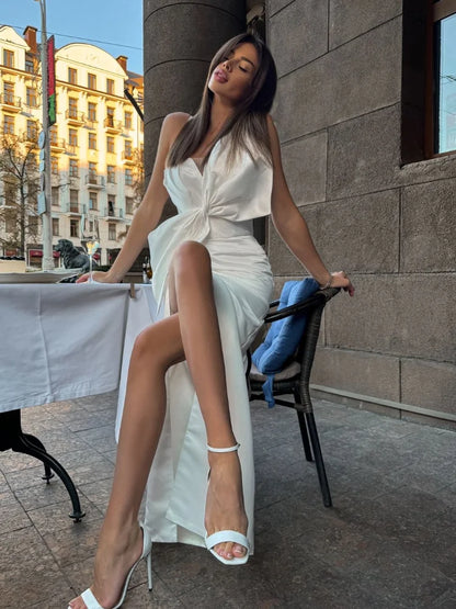 Elegant Large Bow Tie Sling High Slit Chic Off Christmas Party Dress