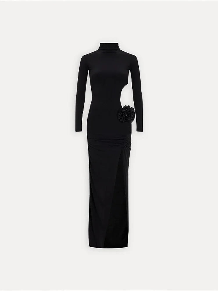 Mock Turtleneck Solid Long Sleeve Party Dress Black / S Partydress-241208