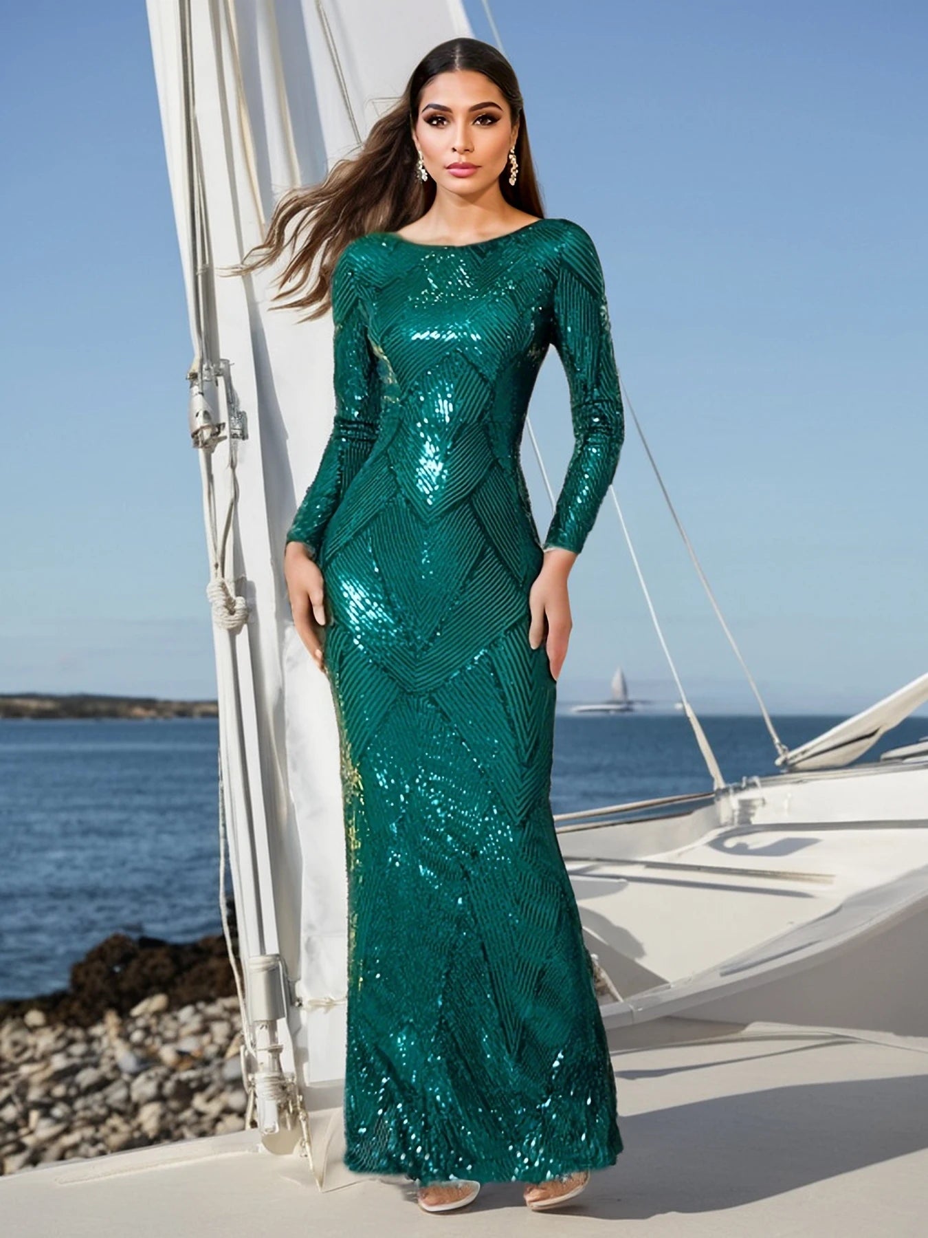 Elegant O Neck Long Sleeves Evening Prom Bodycon Dress Green Christmas Party Dress