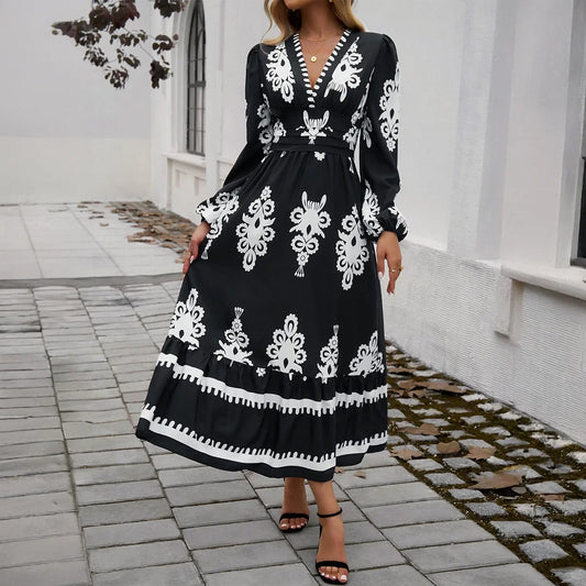 Elegant Printed V-neck A-line Boho Dress