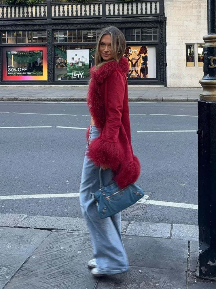 Red Fluffy Faux Fur Splicing Coat