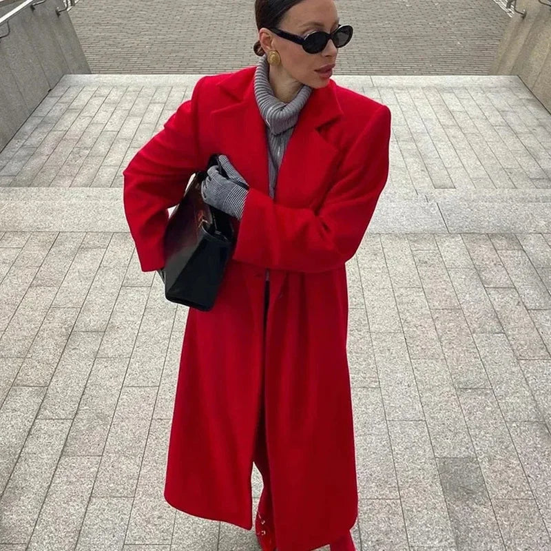 Red Woolen Blend Lapel Coat