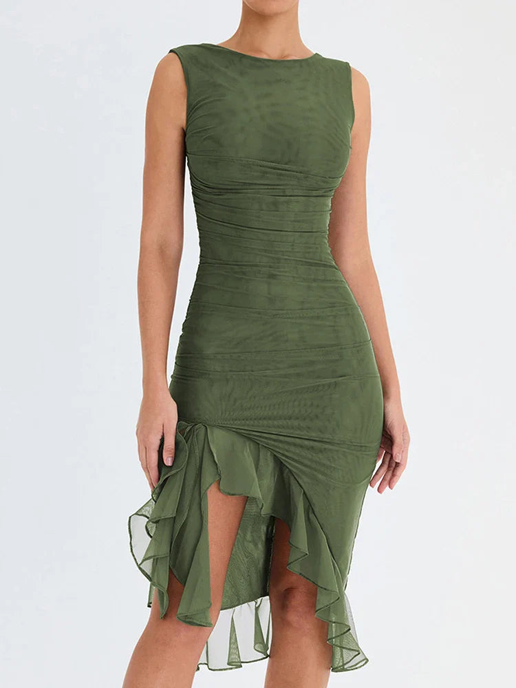 Ruffled Ruched Summer-ready Backless Sleeveless Irregular Sensual Midi Dress