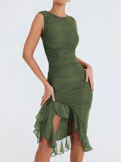 Ruffled Ruched Summer-ready Backless Sleeveless Irregular Sensual Midi Dress