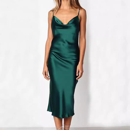 Elegant Satin Long Dresses Green Party Sexy Evening Backless Summer Christmas Party Dress