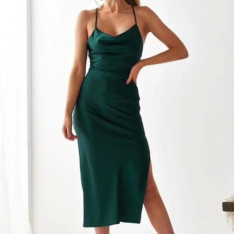 Elegant Satin Long Dresses Green Party Sexy Evening Backless Summer Christmas Party Dress