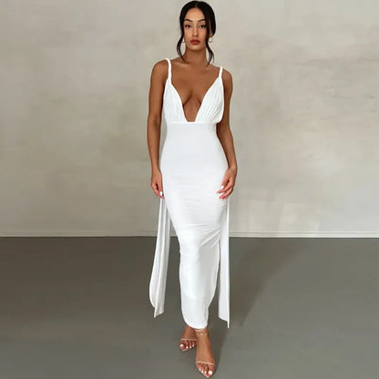 Sexy Plunge Deep V Neck Summer Club Party Sleeveless Ruched Slit Midi Dress