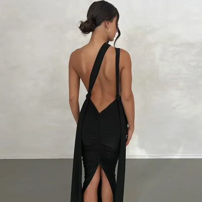 Sexy Plunge Deep V Neck Summer Club Party Sleeveless Ruched Slit Midi Dress