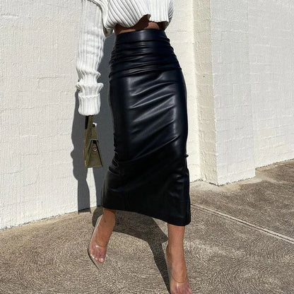 Elegant Fashion Ruched Slim High Waist PU Leather Black Trendy Midi Skirt