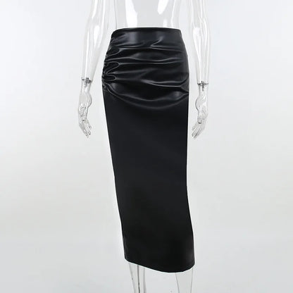 Elegant Fashion Ruched Slim High Waist PU Leather Black Trendy Midi Skirt