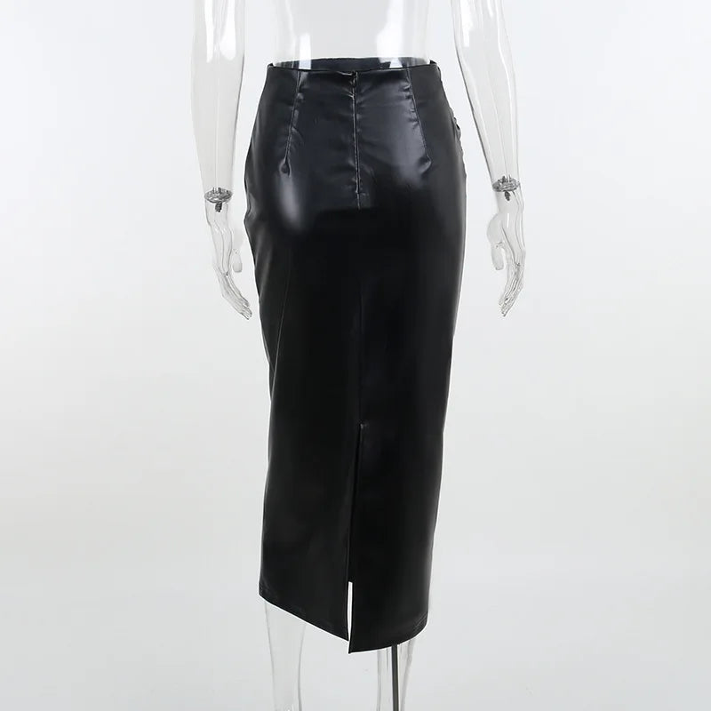 Elegant Fashion Ruched Slim High Waist PU Leather Black Trendy Midi Skirt