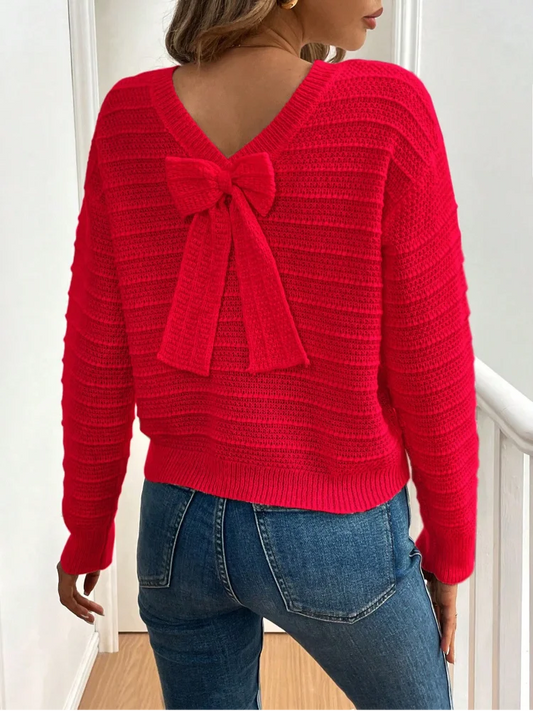 Hollow Bow Striped Long Sleeve Sweater